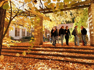 Herbst auf dem Campus - Studierende in einem Innenhof deHerbst im Campus-Park - Studierende im Innenhof des HD-Geb?udess HD-Geb?udes